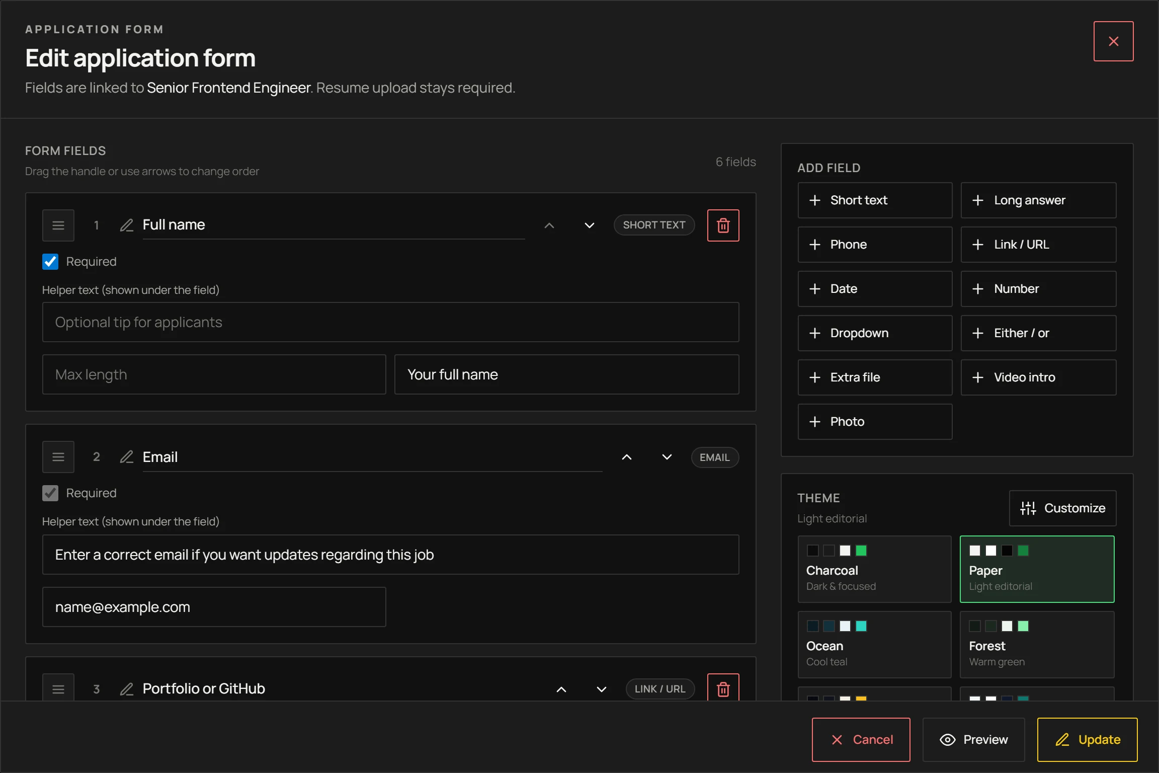 The Resume World application form builder showing six configured fields, the add-field palette and the form theme picker.