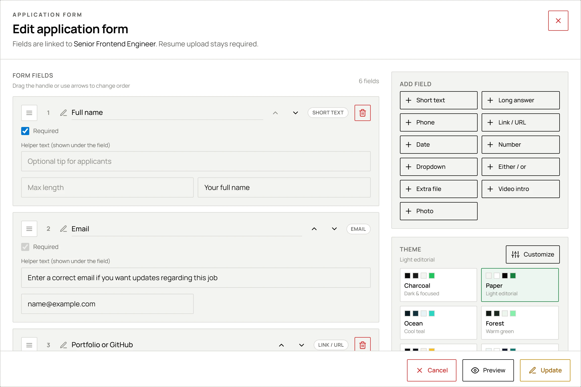 The Resume World application form builder showing six configured fields, the add-field palette and the form theme picker.