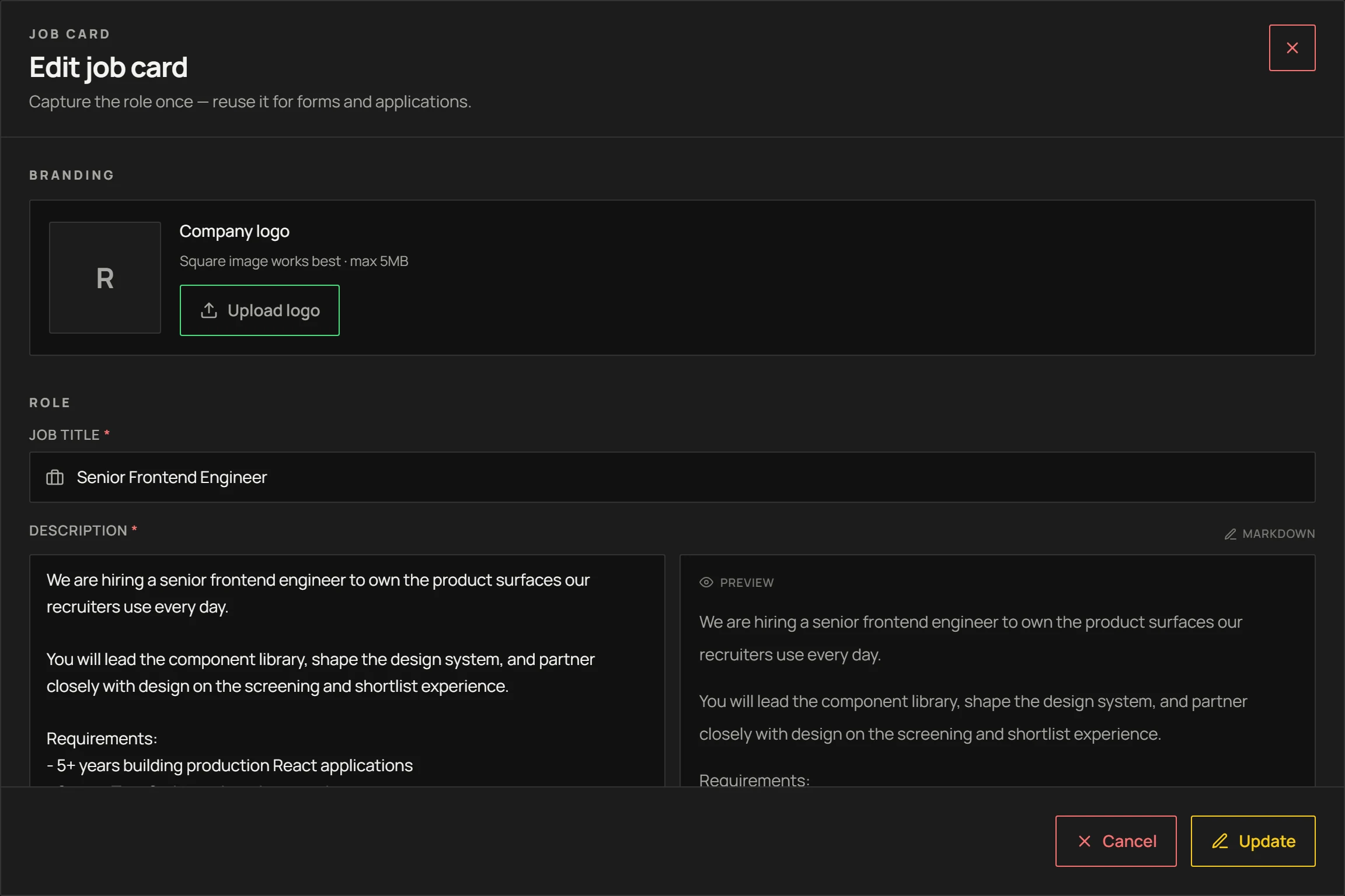 The Resume World job card editor with the title, markdown job description and live preview filled in for a Senior Frontend Engineer role.