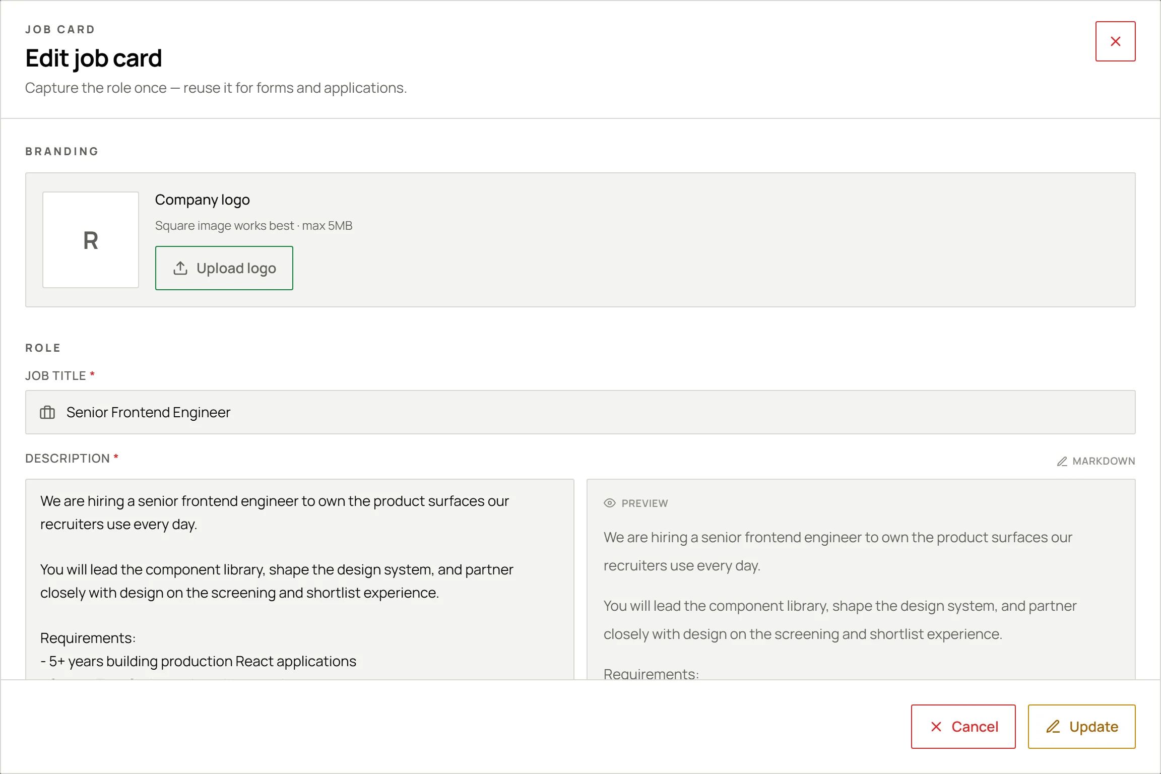 The Resume World job card editor with the title, markdown job description and live preview filled in for a Senior Frontend Engineer role.
