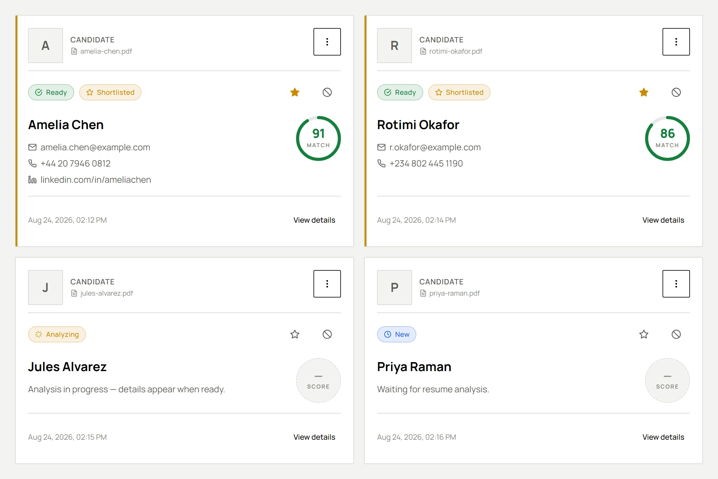 Four Resume World candidate cards showing live screening states: two ready with match scores of 91 and 86, one analyzing and one new.